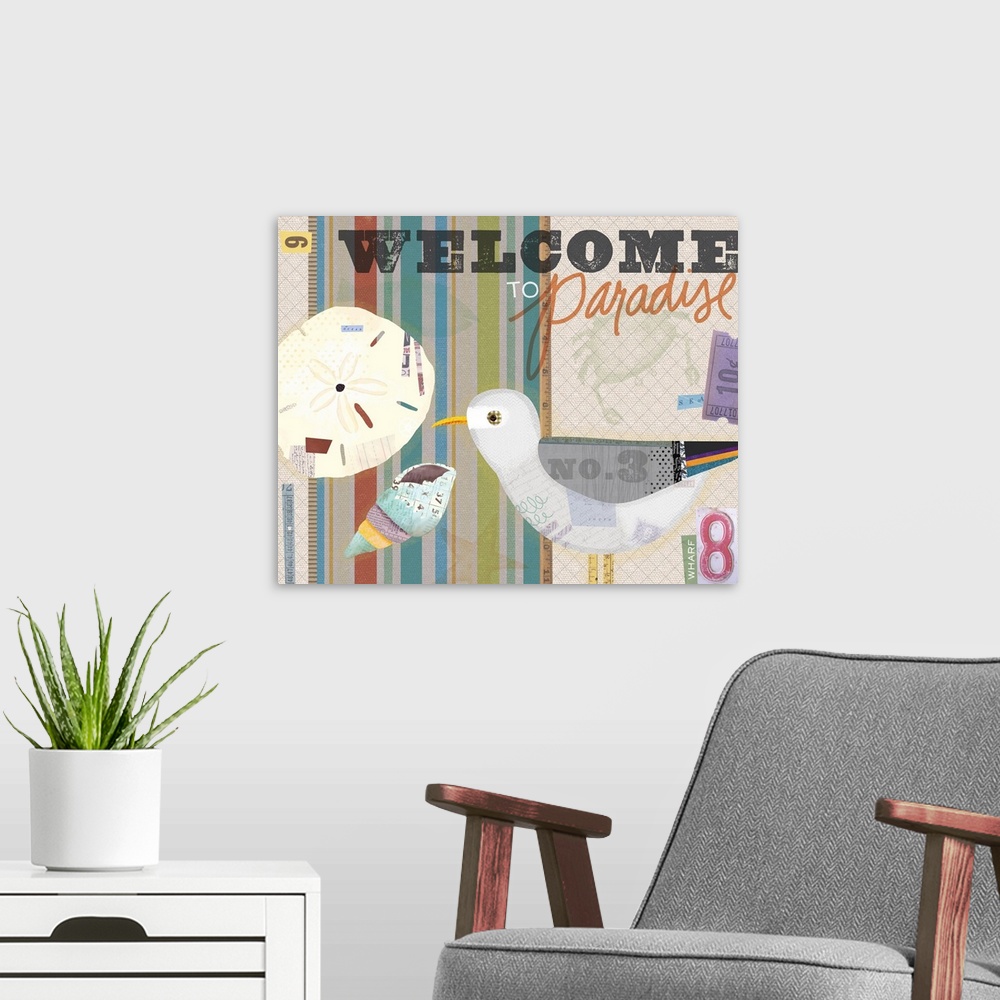 A modern room featuring Collage take on familiar coastal motifs, in a quirky wonderfly style