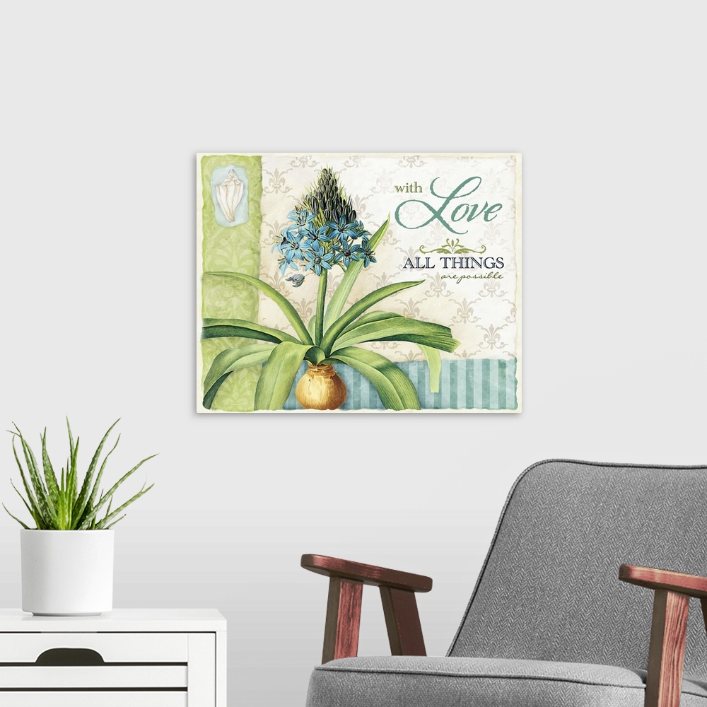 A modern room featuring Lovely floral art with inspirational message