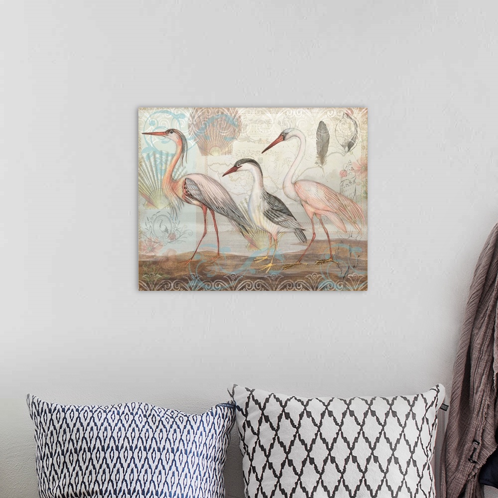 A bohemian room featuring A botanical take on the elegant coastal herons perfect for any room.