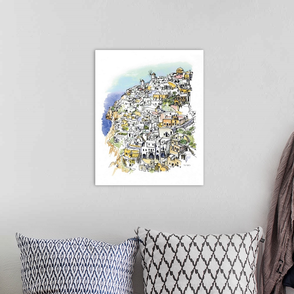 A bohemian room featuring A lovely pen and ink depiction of a hilltop coastal village.