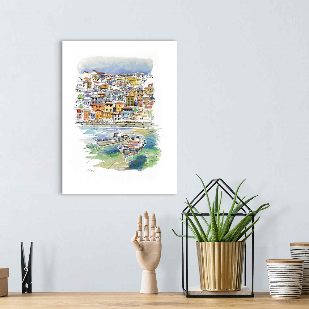 A bohemian room featuring A lovely pen and ink rendering of a European coastal village