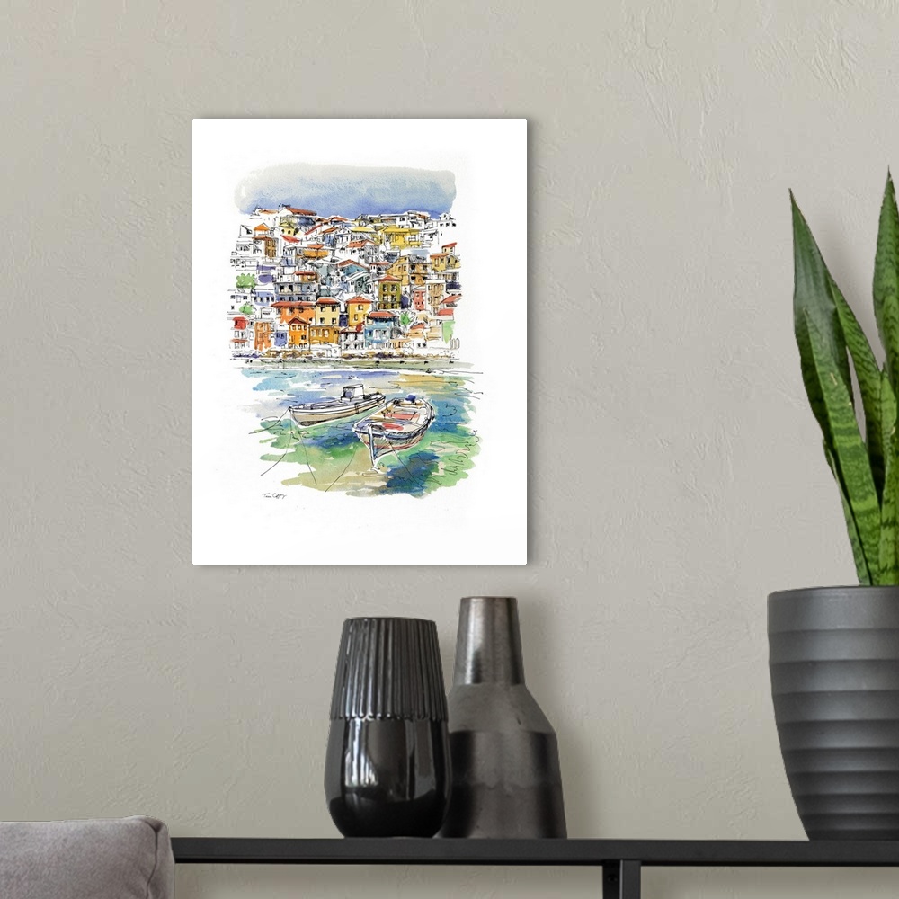 A modern room featuring A lovely pen and ink rendering of a European coastal village