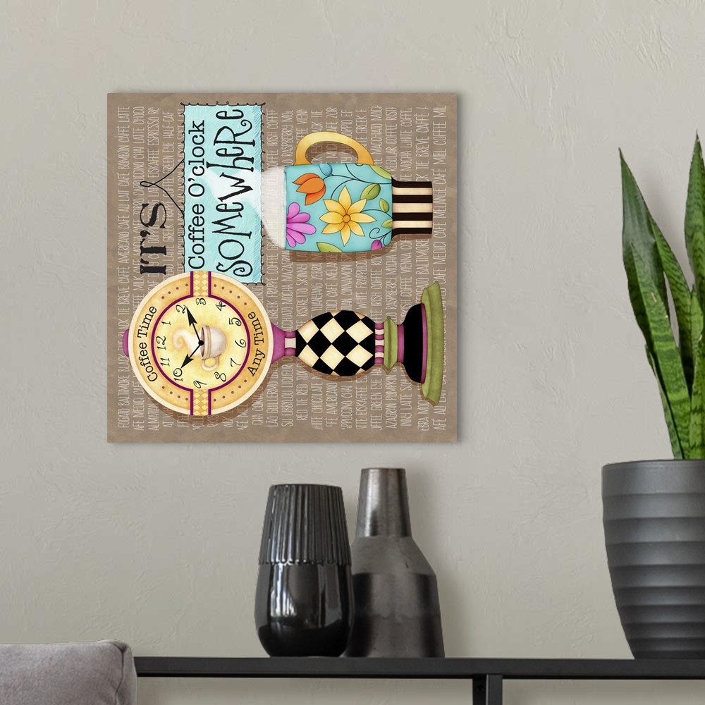 A modern room featuring Whimsical coffee-themed art for the kitchen or office.