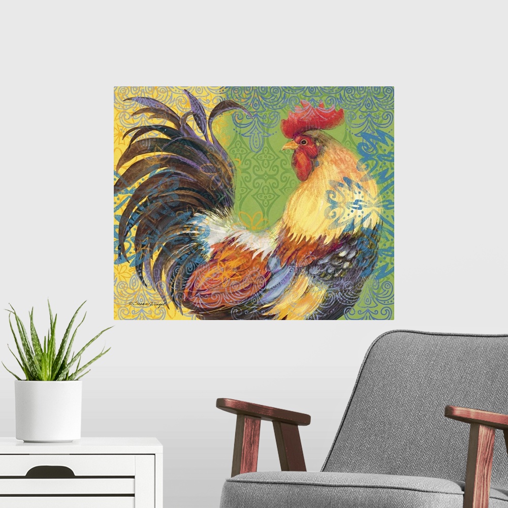 A modern room featuring Striking depiction of rooster adds a dynamic touch to any decor.