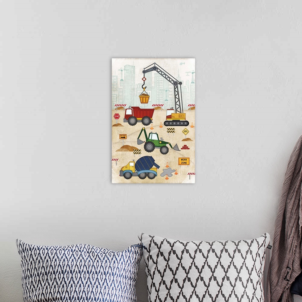 A bohemian room featuring Children's artwork of a construction site with a distressed texture throughout.