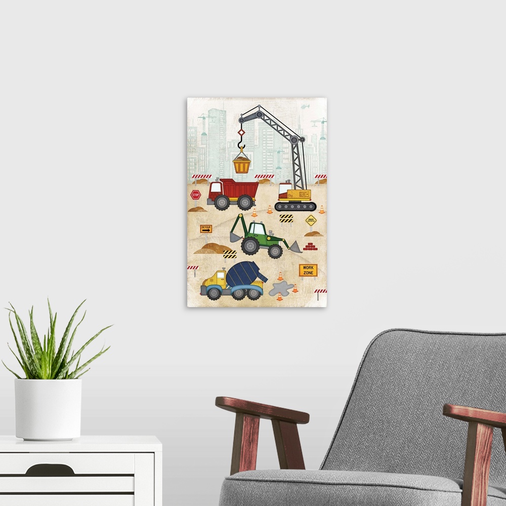 A modern room featuring Children's artwork of a construction site with a distressed texture throughout.