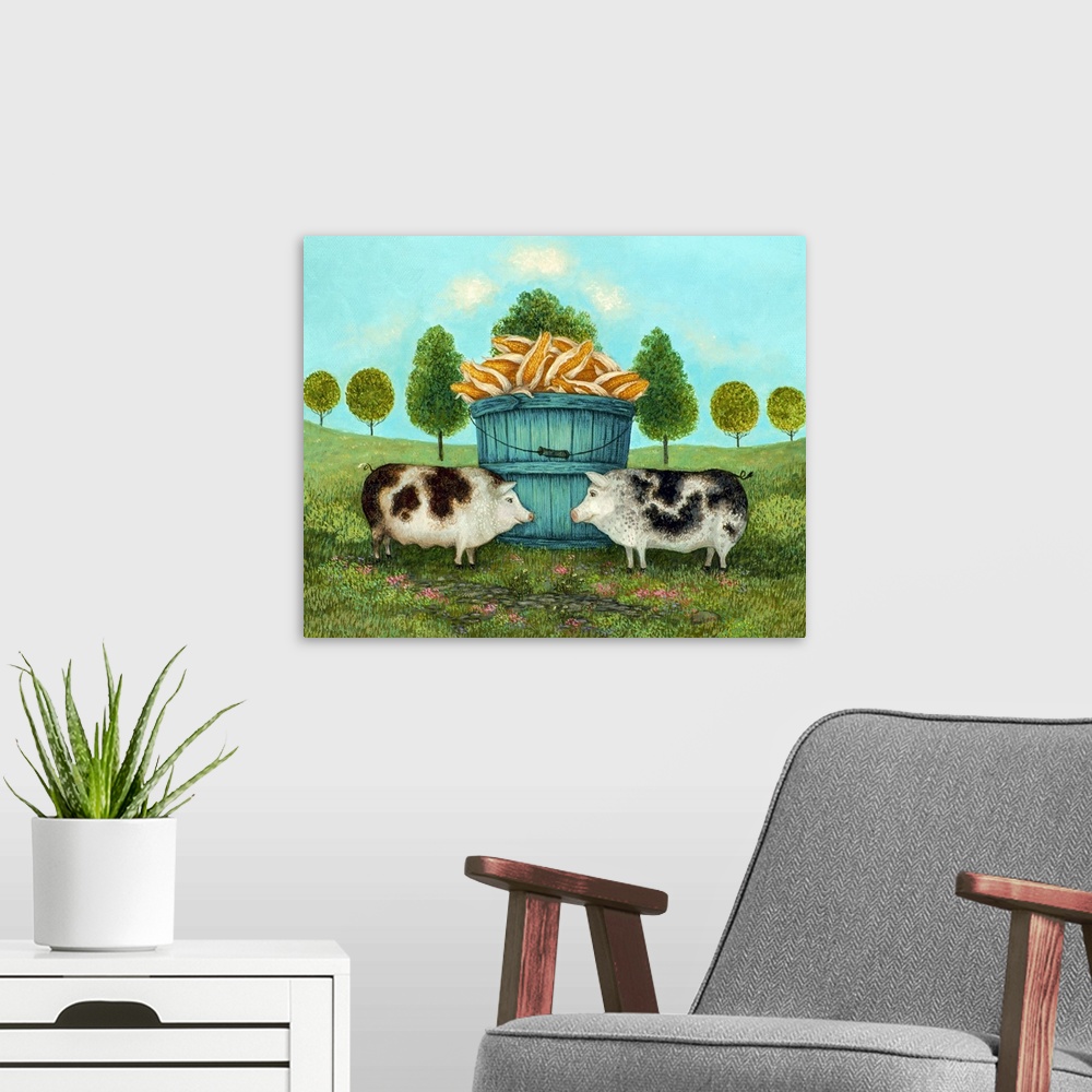 A modern room featuring A contemporary folk art painting of two spotted hogs standing by a blue wooden bucket filled with...