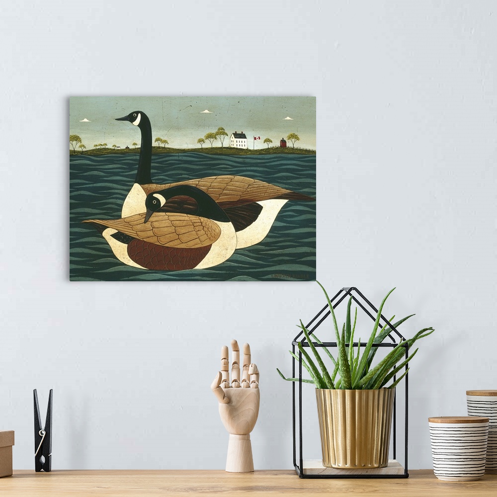 A bohemian room featuring Painting on canvas of two geese floating in the water with land in the background.
