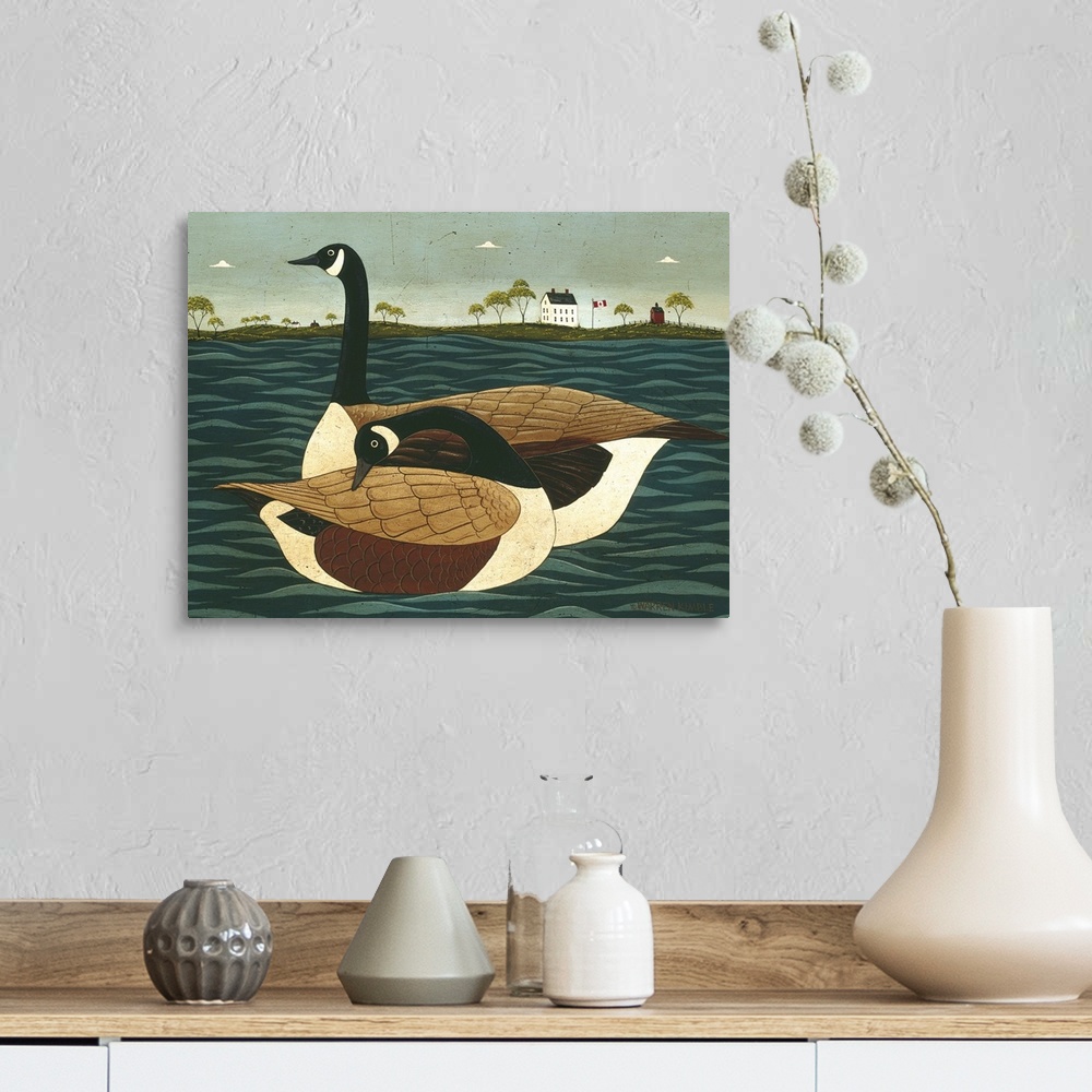 A farmhouse room featuring Painting on canvas of two geese floating in the water with land in the background.