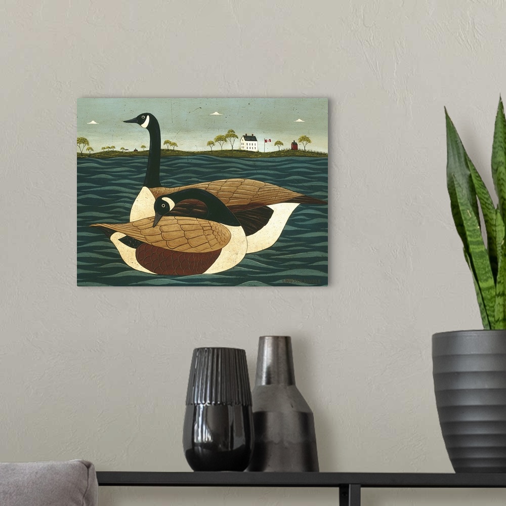 A modern room featuring Painting on canvas of two geese floating in the water with land in the background.