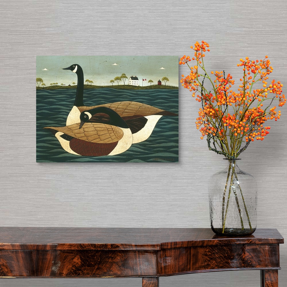 A traditional room featuring Painting on canvas of two geese floating in the water with land in the background.