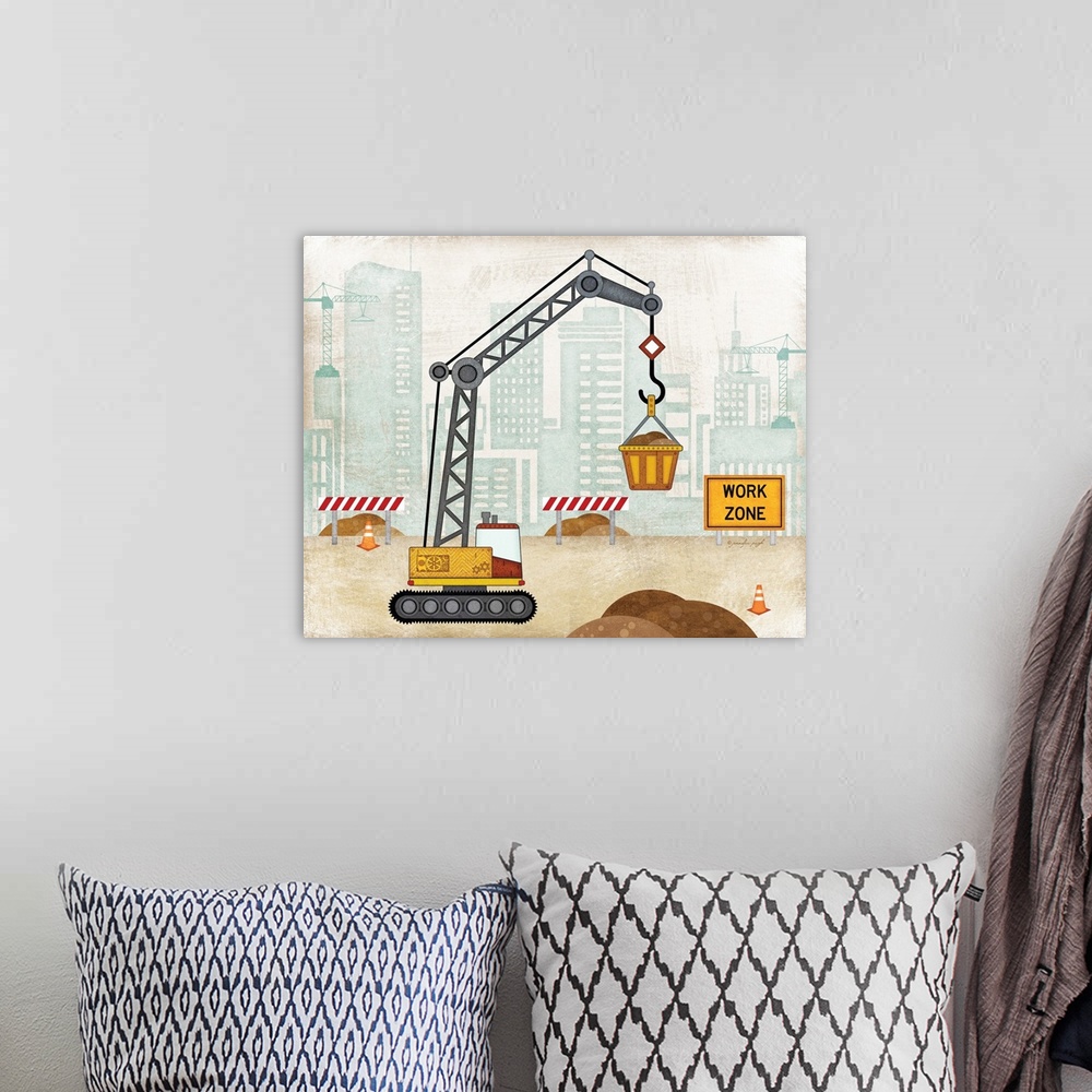 A bohemian room featuring Children's artwork of a crane parked at a construction site with a distressed texture throughout.