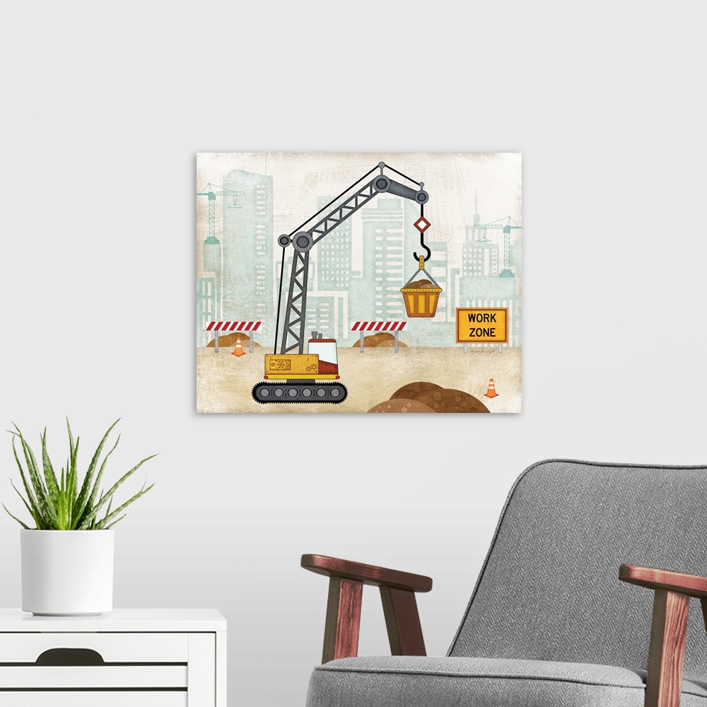 A modern room featuring Children's artwork of a crane parked at a construction site with a distressed texture throughout.