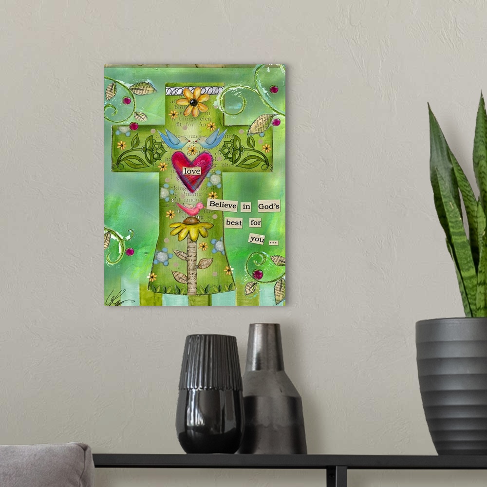 A modern room featuring A mixed media Christian artwork depicting a cross filled with elements of love such as flowers, h...