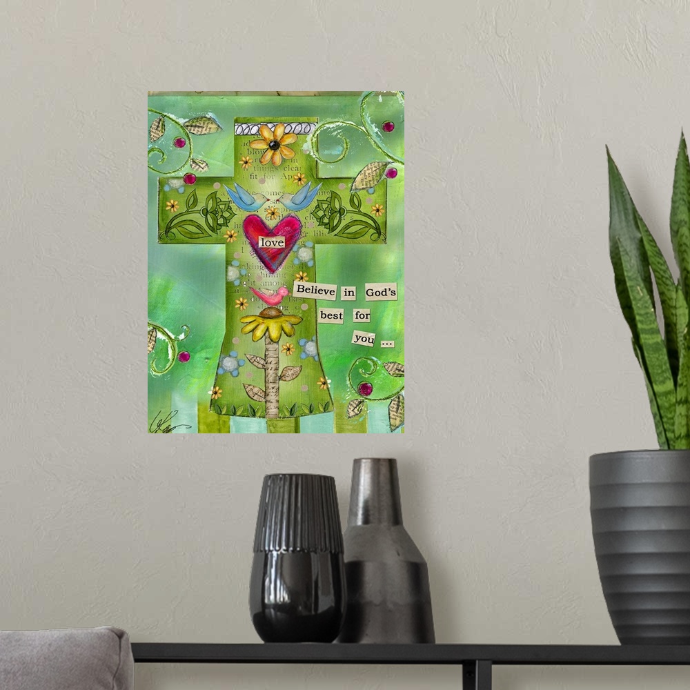 A modern room featuring A mixed media Christian artwork depicting a cross filled with elements of love such as flowers, h...