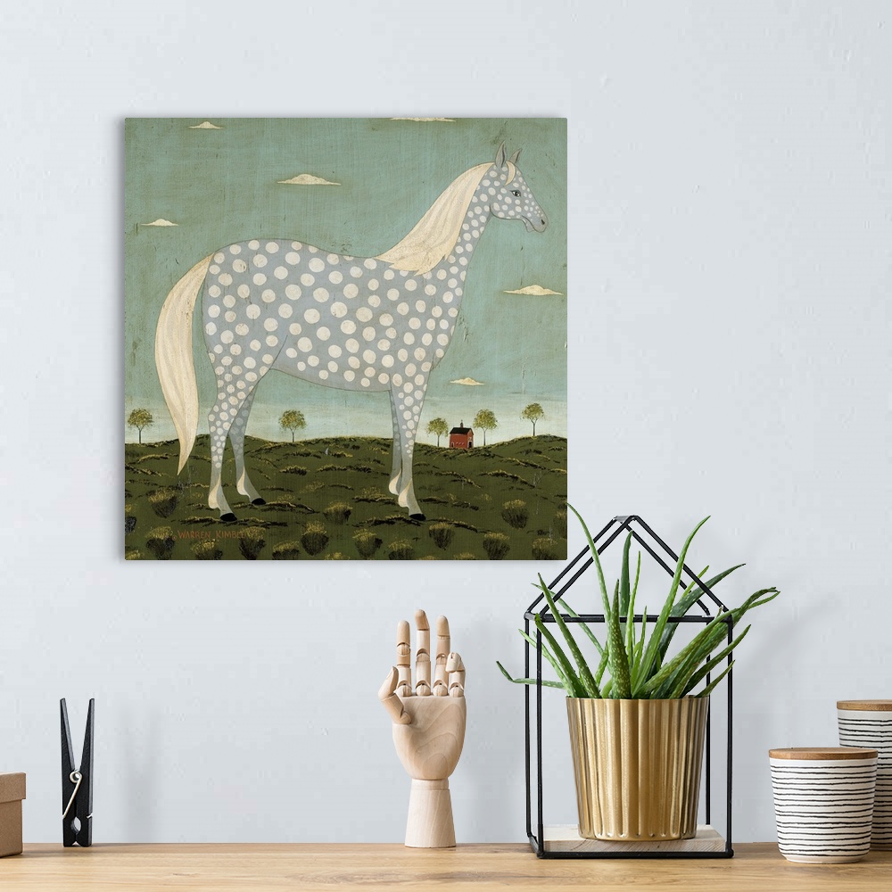 A bohemian room featuring Large illustration of a horse with polka dots standing in a field.