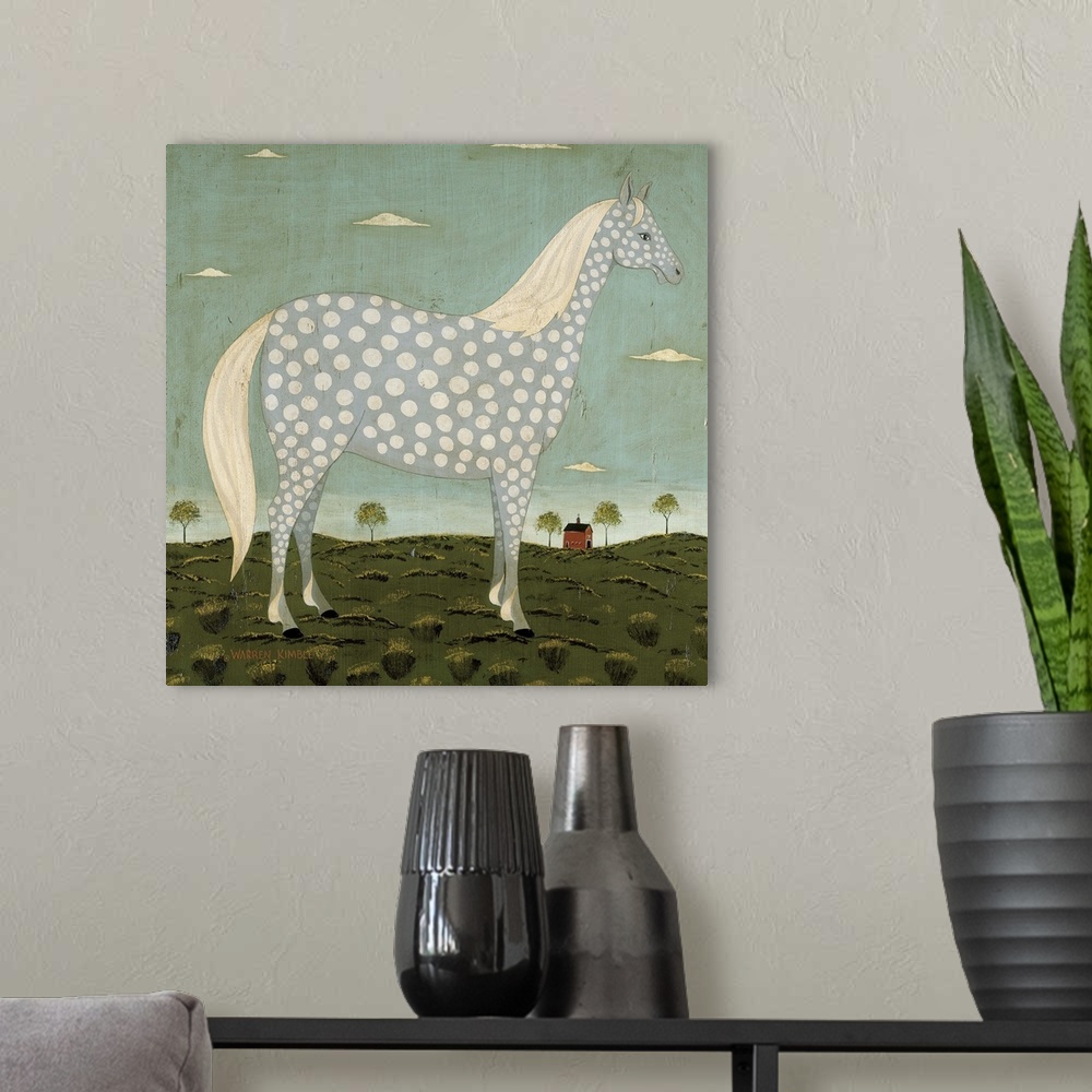 A modern room featuring Large illustration of a horse with polka dots standing in a field.