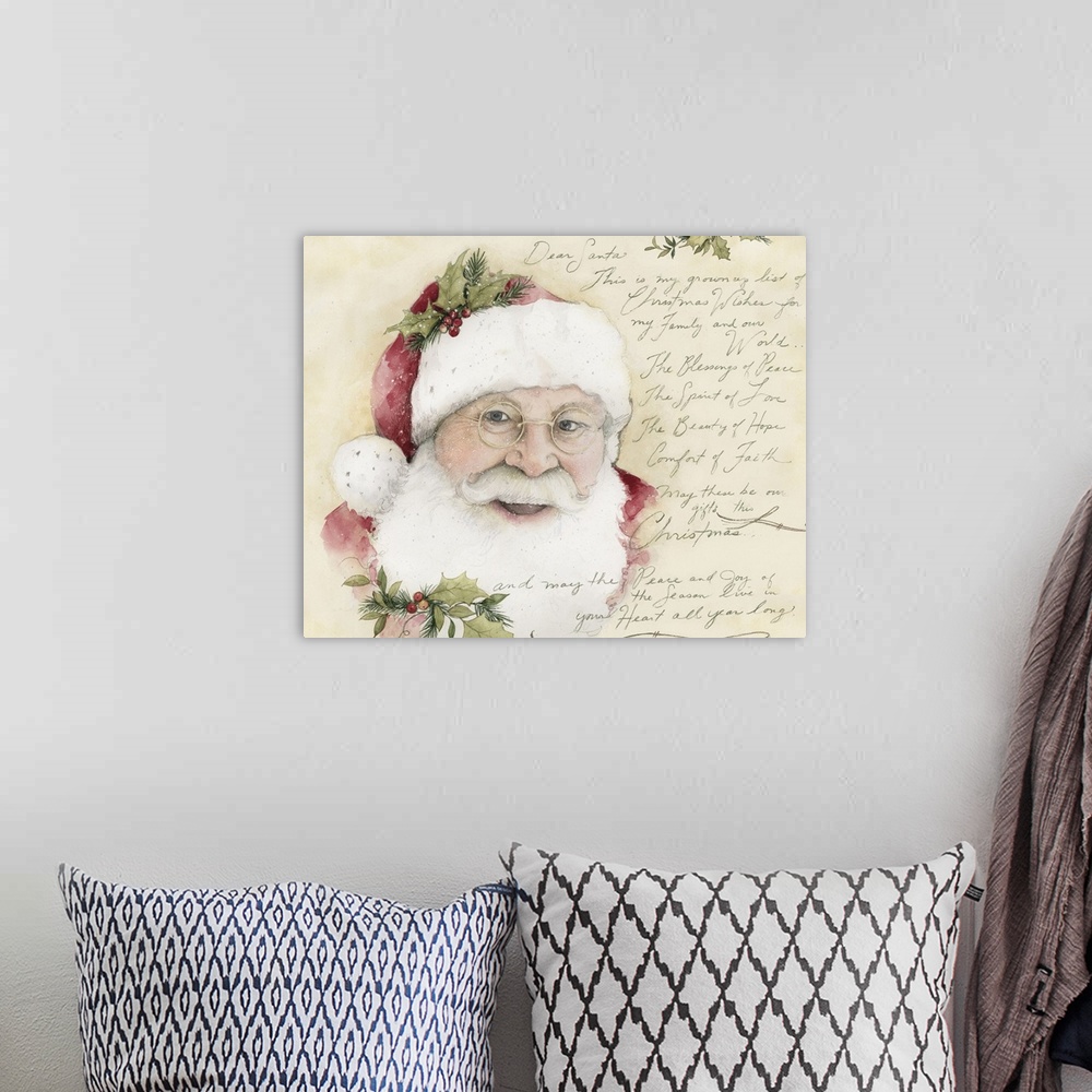 A bohemian room featuring A grown-up Dear Santa letter asks for peace and joy,