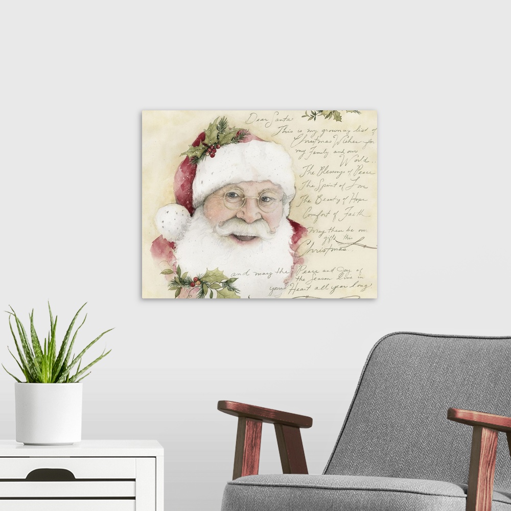 A modern room featuring A grown-up Dear Santa letter asks for peace and joy,