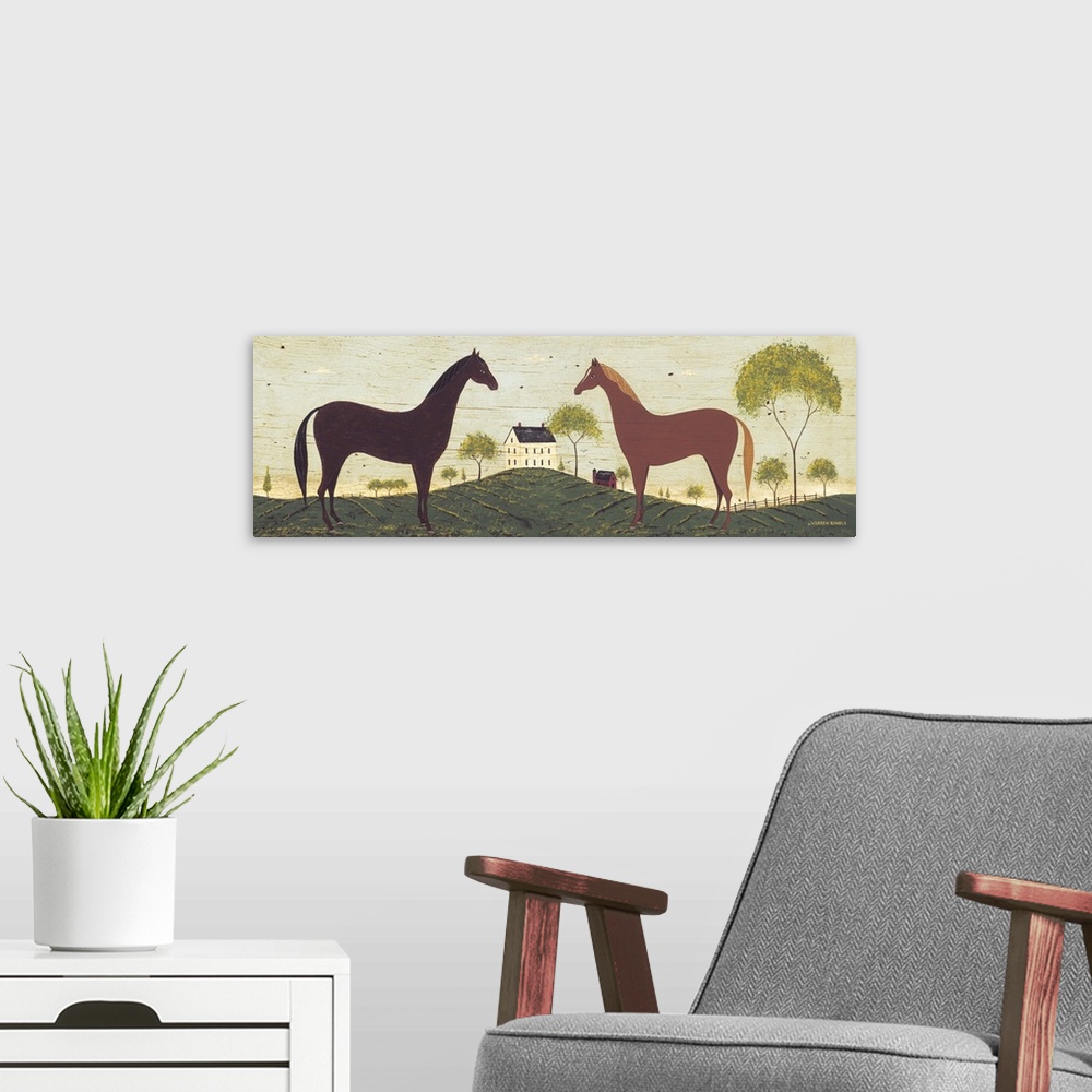 A modern room featuring Americana horse scene by renowned folk artist Warren Kimble