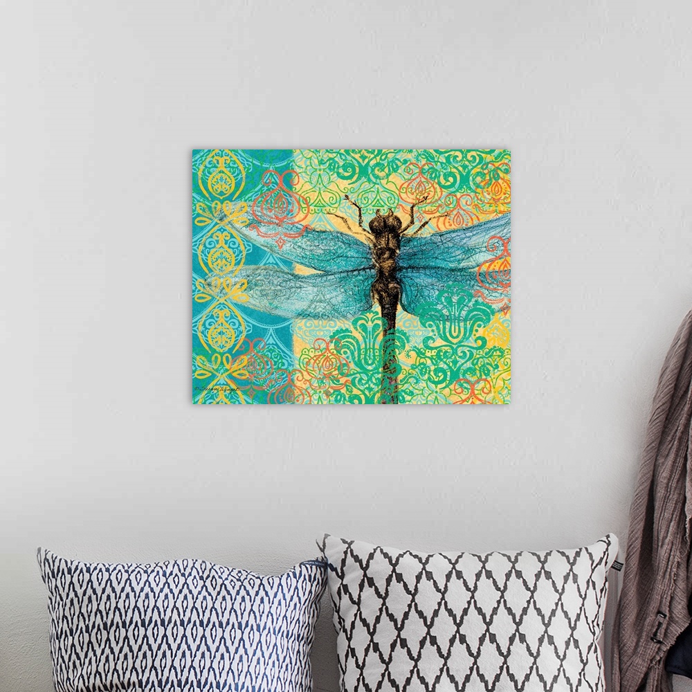 A bohemian room featuring Big and bold dragonfly makes a colorful statement that celebrates nature!