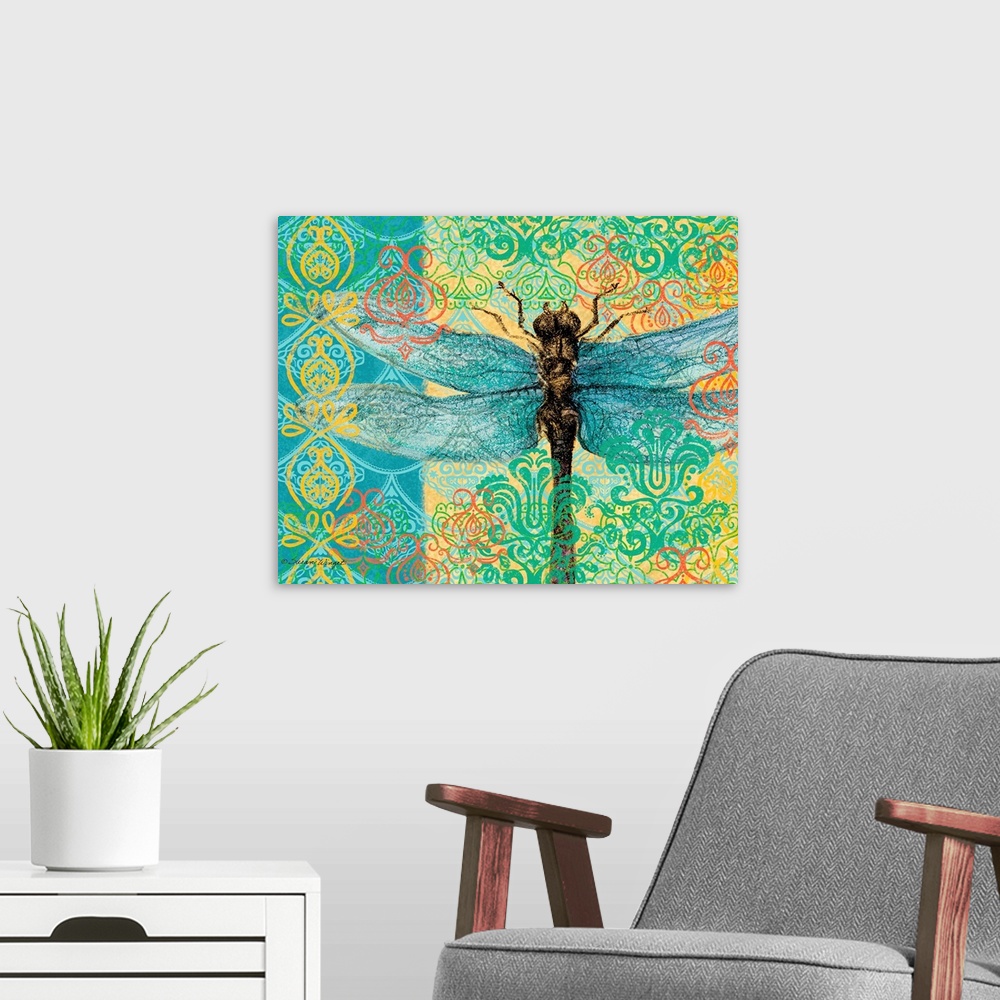 A modern room featuring Big and bold dragonfly makes a colorful statement that celebrates nature!