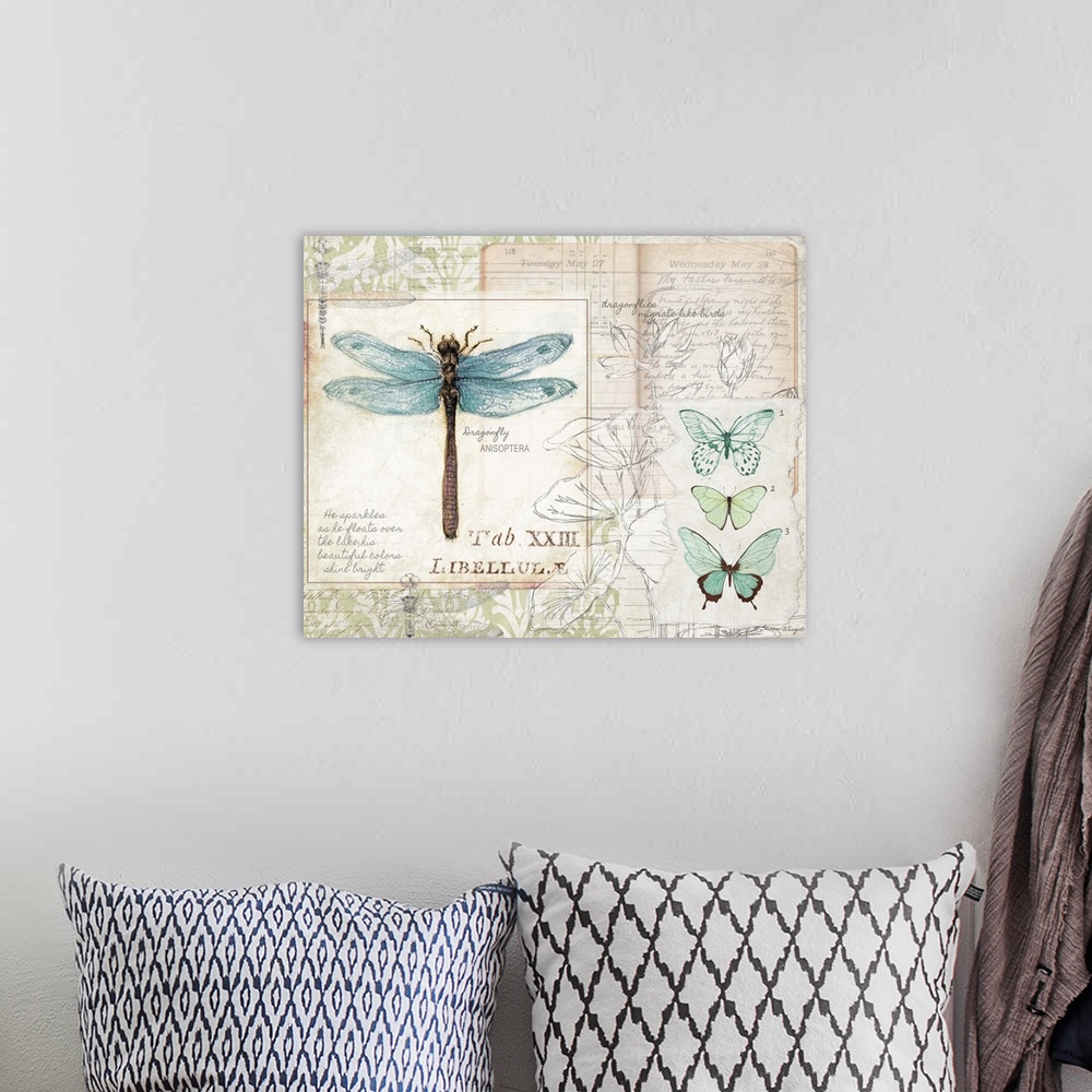 A bohemian room featuring Botanical study of dragonfly adds elegant, nature-inspired touch to any room.