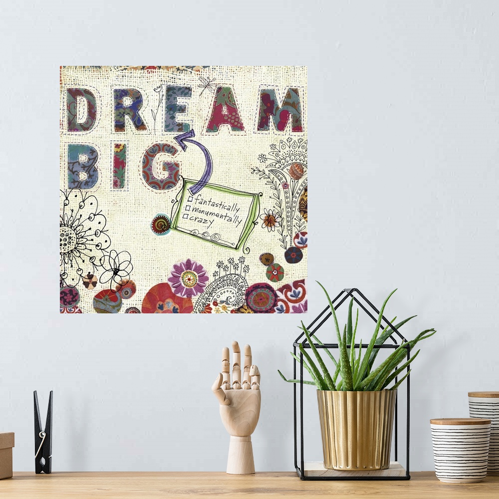 A bohemian room featuring Inspirational, motivational wall decor with colorful, textural treatment