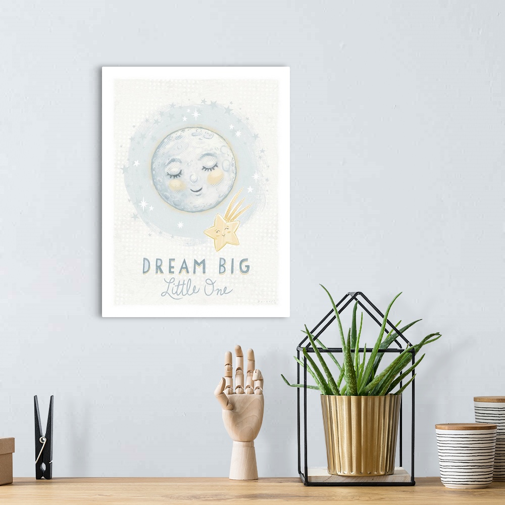 A bohemian room featuring A sweet and softly rendered painting of a moon and staroperfect for any nursery.