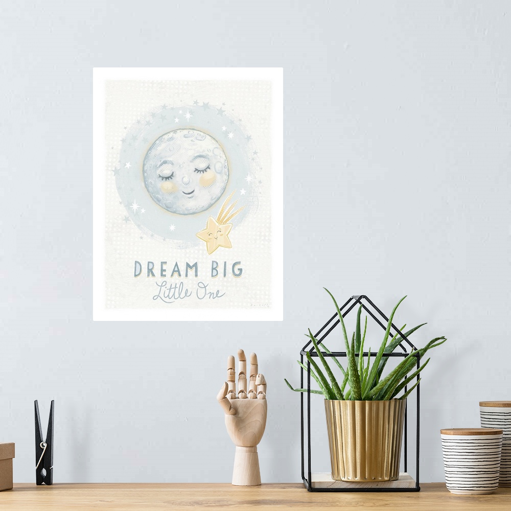 A bohemian room featuring A sweet and softly rendered painting of a moon and staroperfect for any nursery.