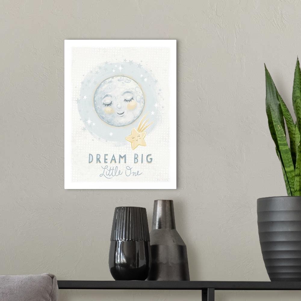 A modern room featuring A sweet and softly rendered painting of a moon and staroperfect for any nursery.