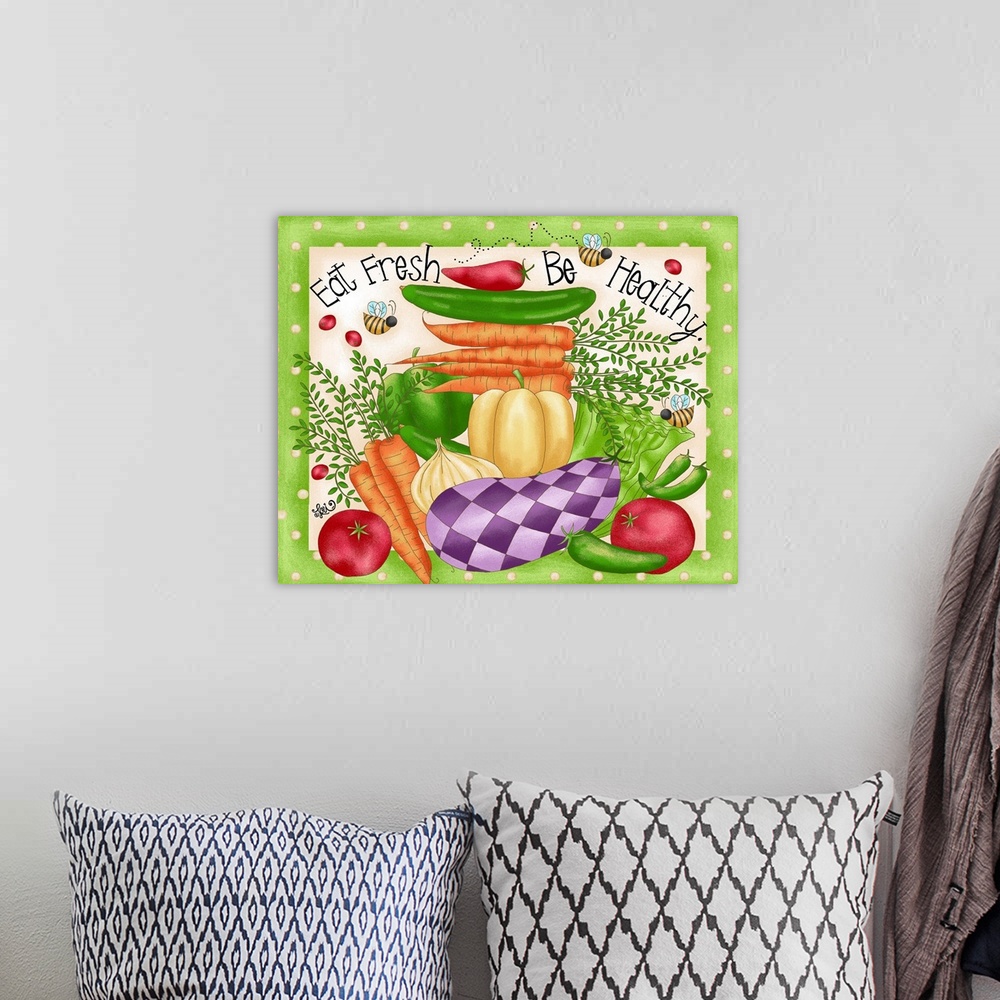 A bohemian room featuring Whimsical colorful art adds cheerful touch to kitchen with an eat healthy message!