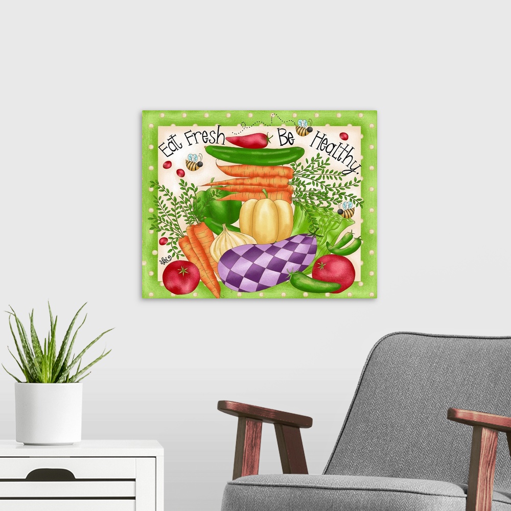 A modern room featuring Whimsical colorful art adds cheerful touch to kitchen with an eat healthy message!
