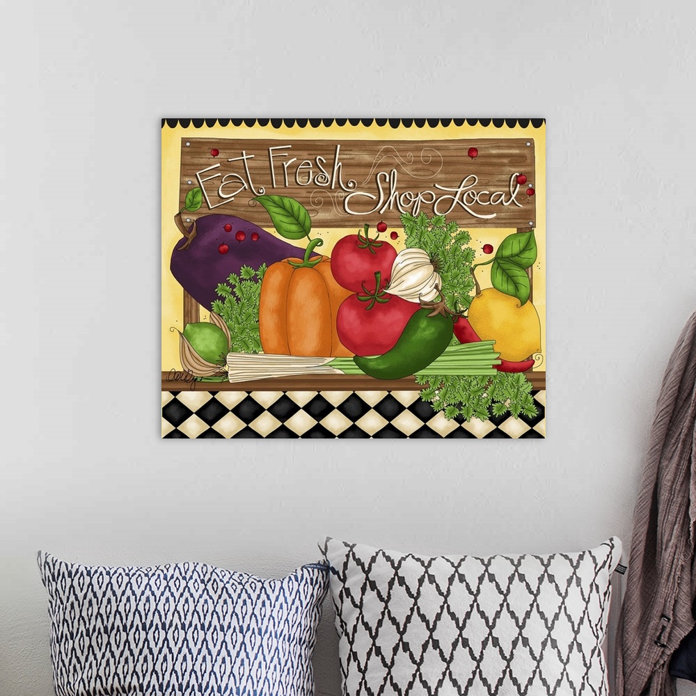 A bohemian room featuring This piece of art will inspire you to eat fresh and shop local.