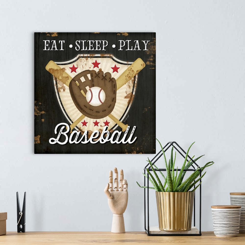 A bohemian room featuring Eat, Sleep, Play, Baseball