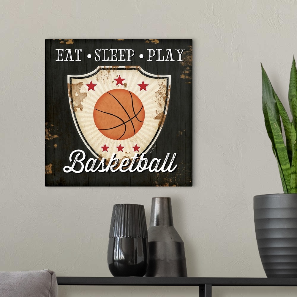 A modern room featuring Eat, Sleep, Play, Basketball