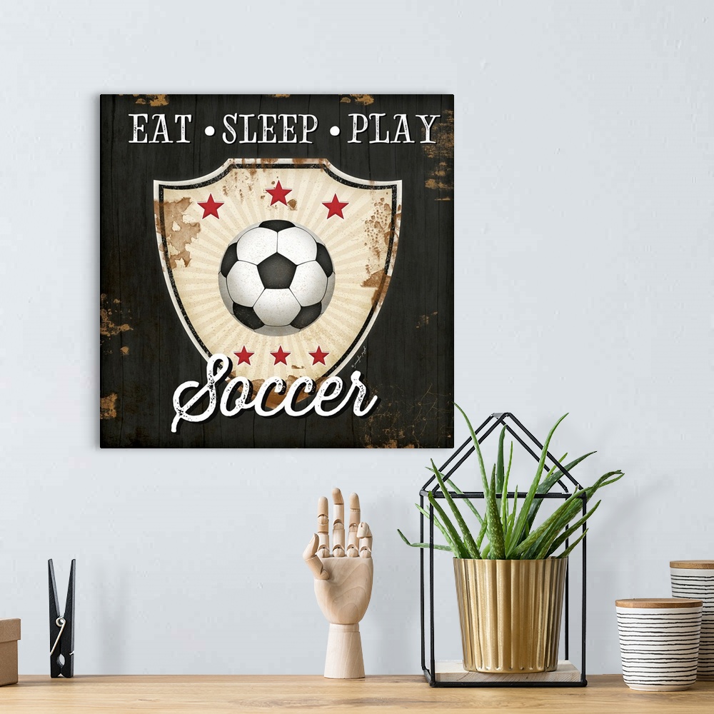 A bohemian room featuring Eat, Sleep, Play, Soccer