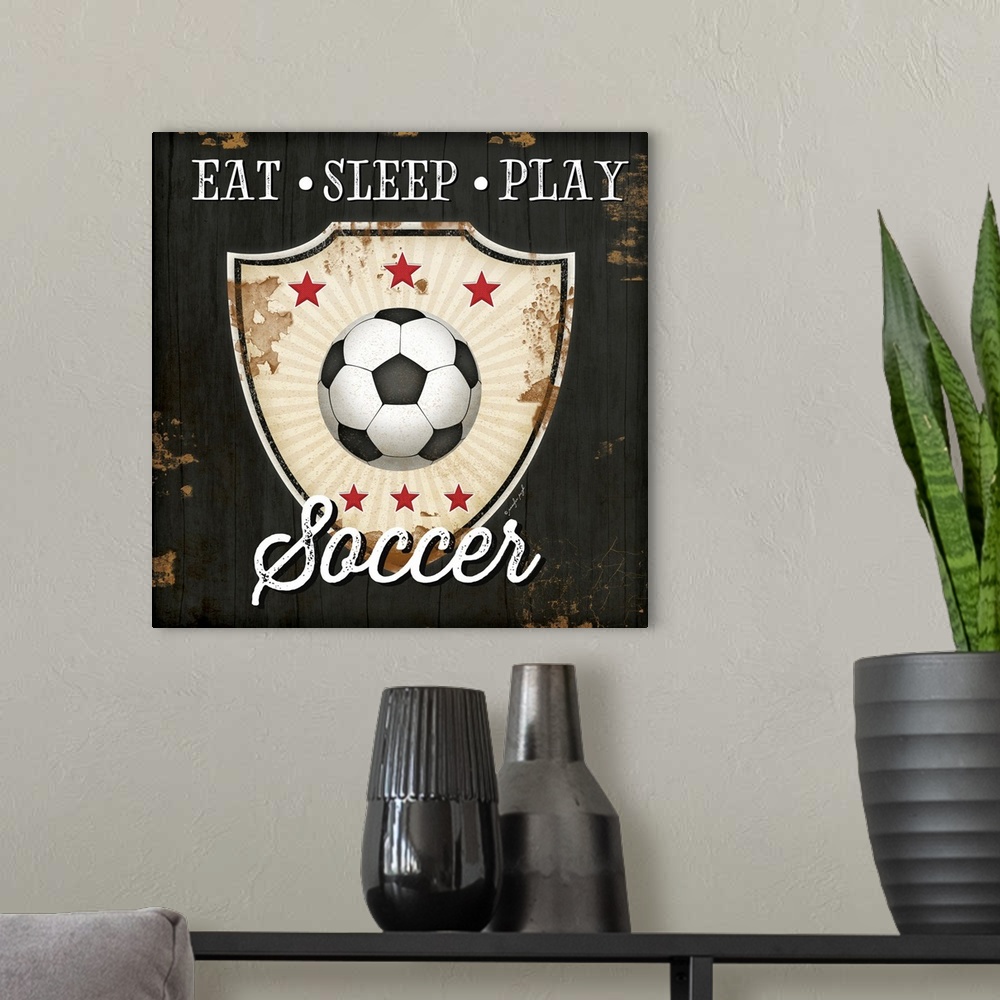 A modern room featuring Eat, Sleep, Play, Soccer