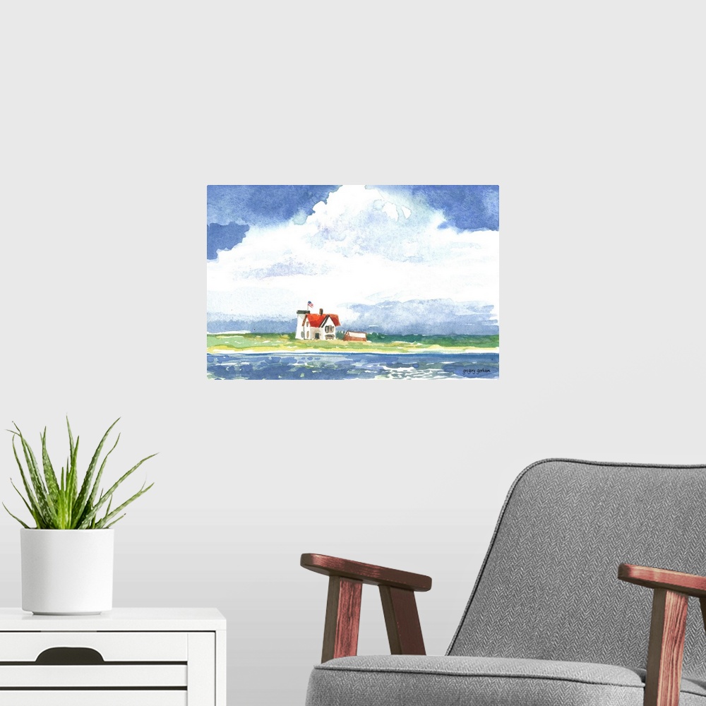 A modern room featuring Watercolor painting of a small house on the coast.