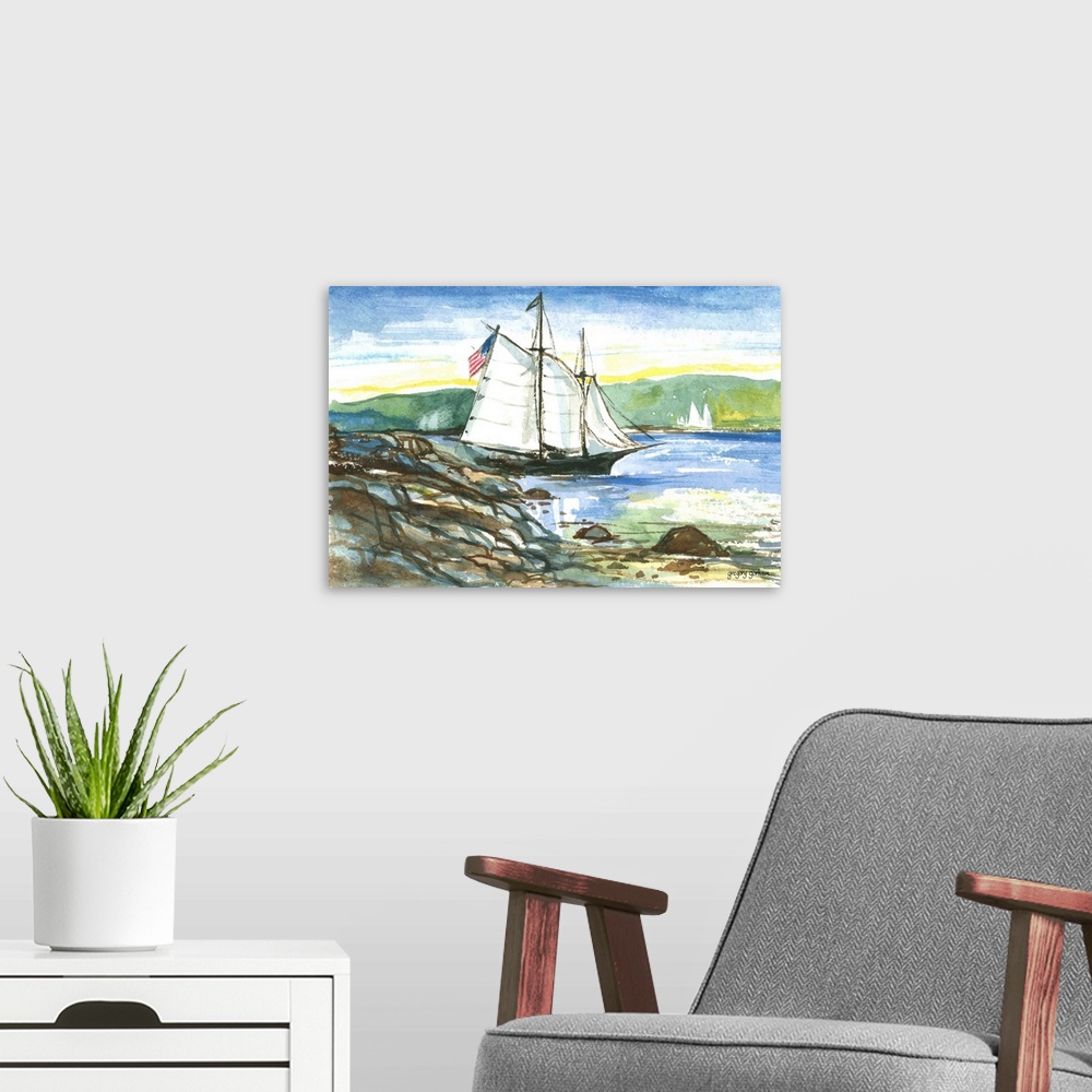 A modern room featuring Watercolor painting of a sailing ship near the rocky coastline.