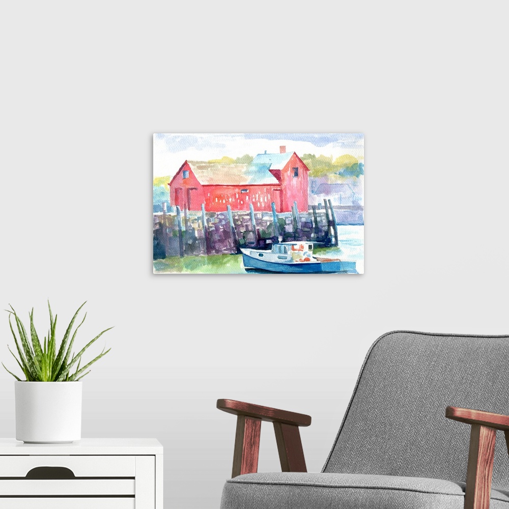 A modern room featuring Watercolor painting of a red house and a fishing boat on in a seaside town.