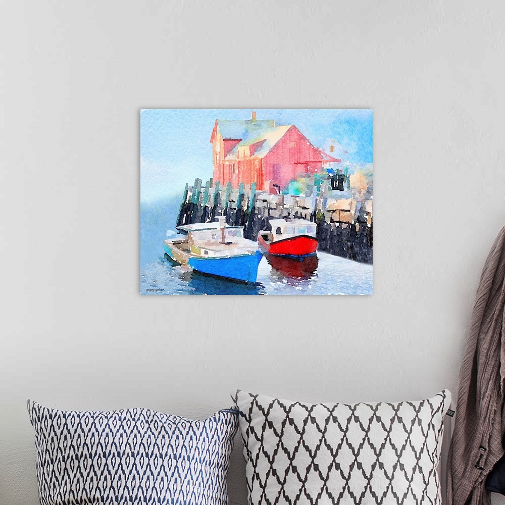 A bohemian room featuring Watercolor painting of a red house and fishing boats on in a seaside town.
