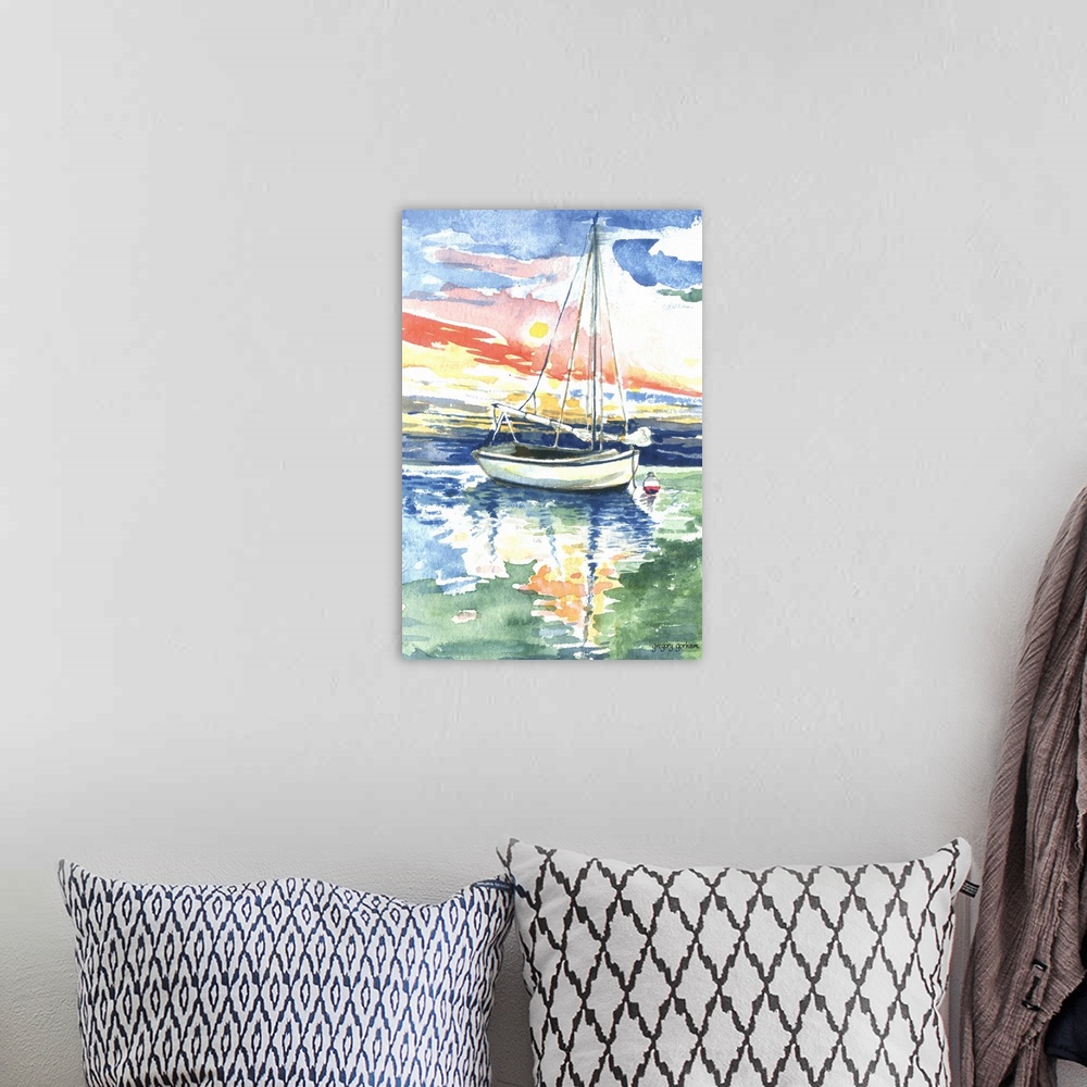 A bohemian room featuring Watercolor painting of a sailboat on the ocean at sunset.