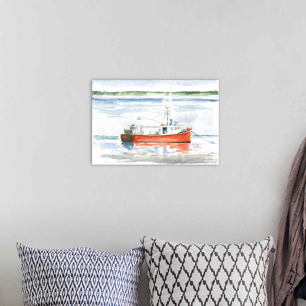 A bohemian room featuring Watercolor painting of a red fishing boat on the ocean.