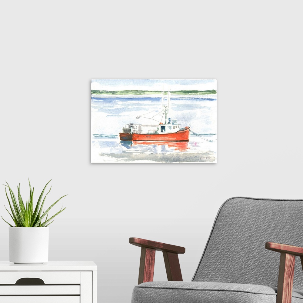 A modern room featuring Watercolor painting of a red fishing boat on the ocean.