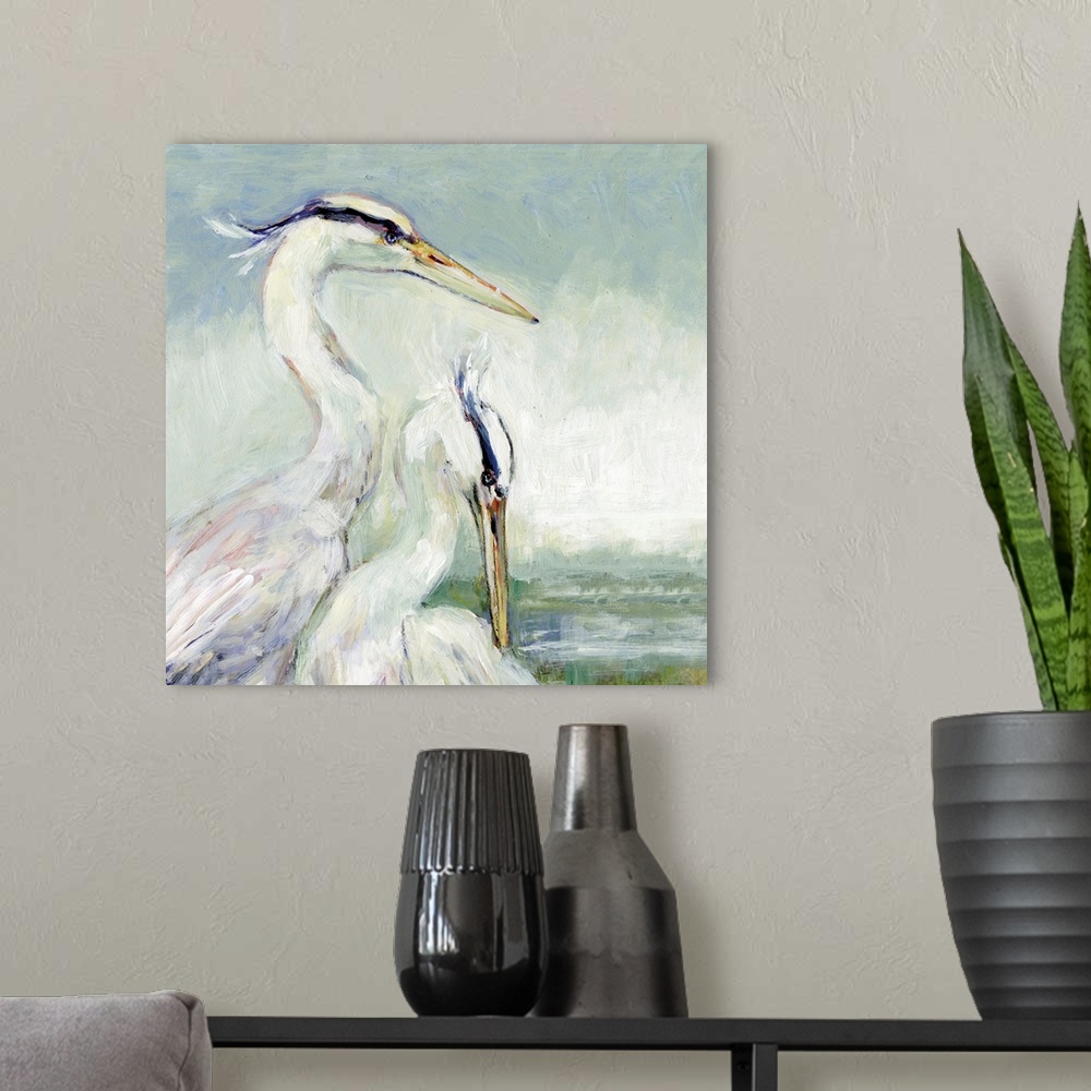 A modern room featuring A pair of egrets bring the graceful sea bird into any coastal decor.