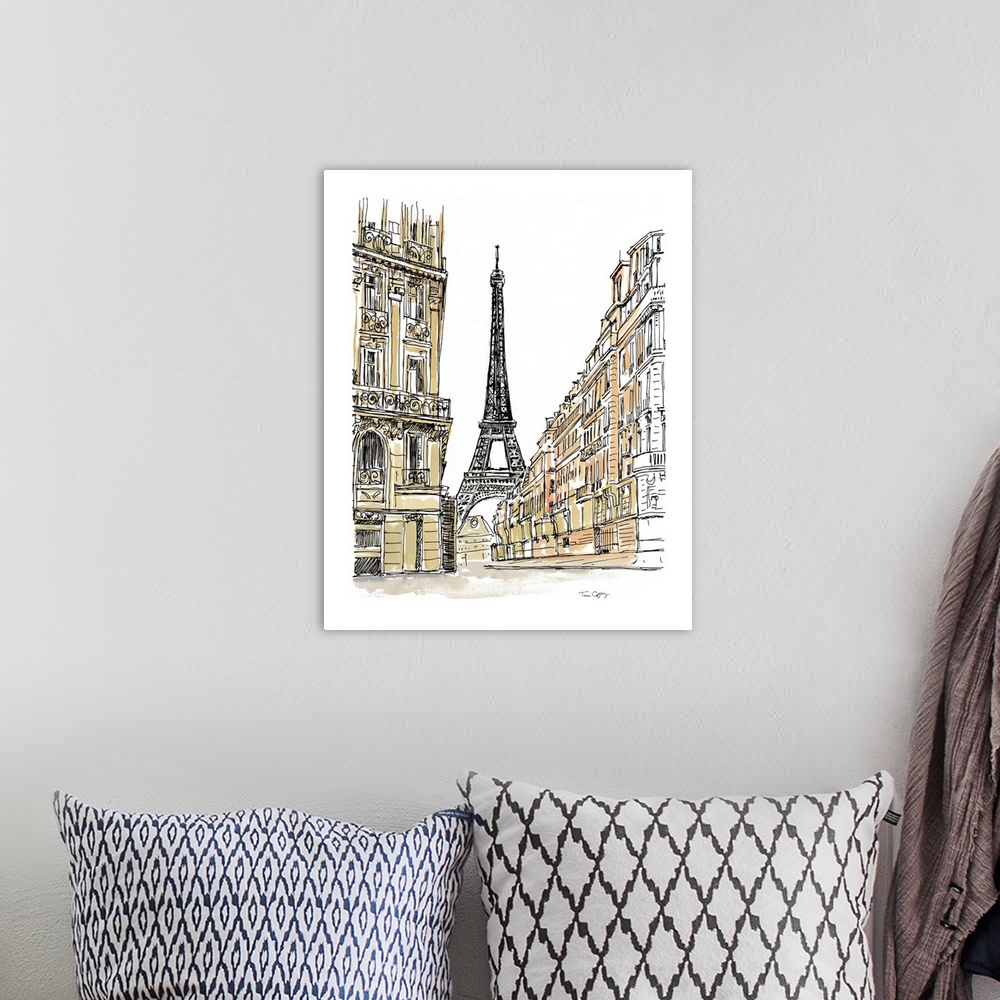 A bohemian room featuring A lovely pen and ink depiction of a the striking Eiffel Tower.