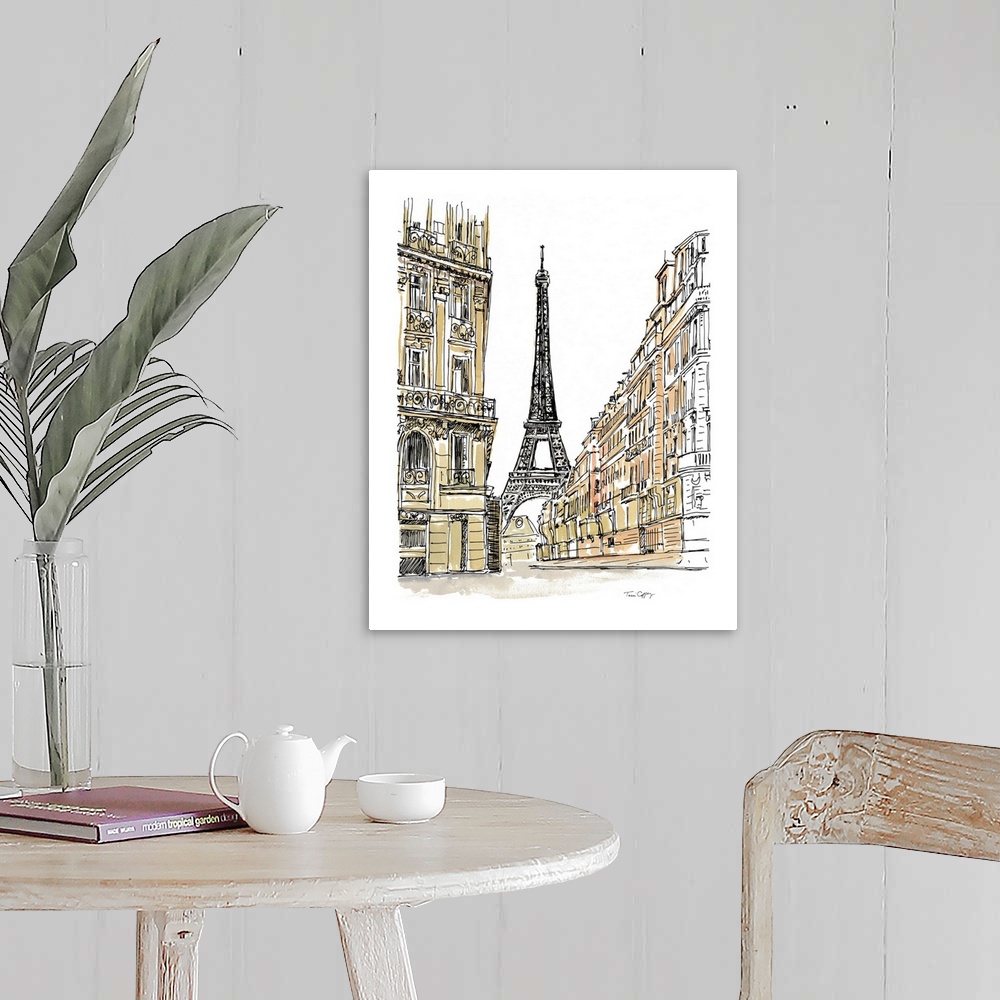 A farmhouse room featuring A lovely pen and ink depiction of a the striking Eiffel Tower.
