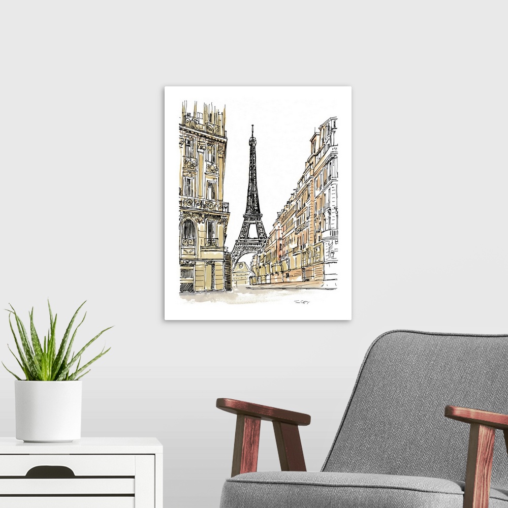A modern room featuring A lovely pen and ink depiction of a the striking Eiffel Tower.