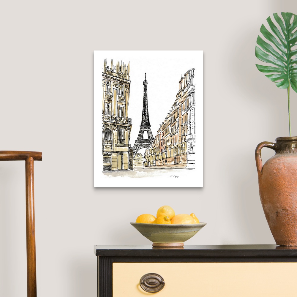 A traditional room featuring A lovely pen and ink depiction of a the striking Eiffel Tower.